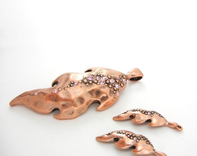 Set of Copper-tone Leaf Pendant and Charms Rhinestones