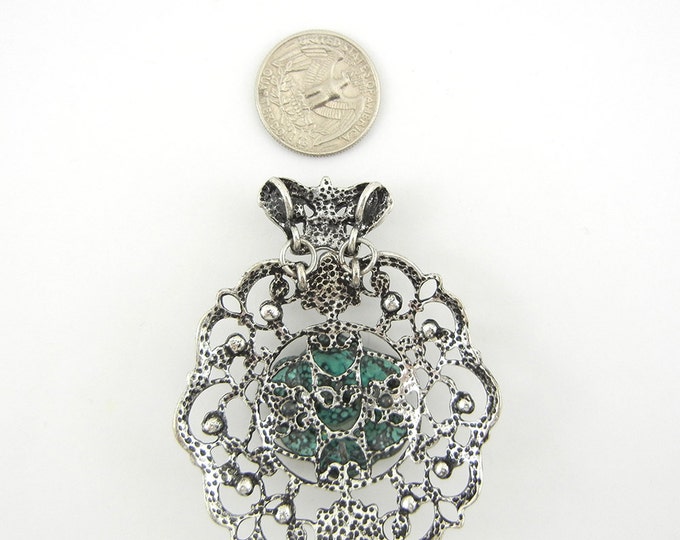 Large Antique Silver-tone Verde Patina Rose Pendant Rhinestones Crown Top