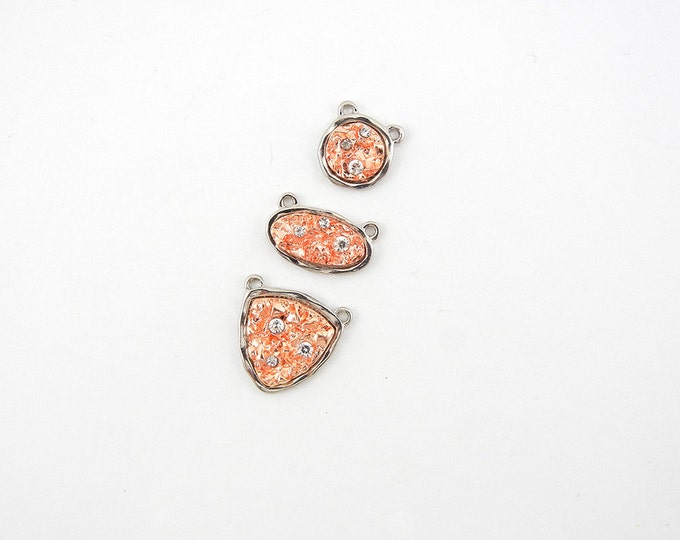 Set of 3 Small Two Tone Abstract Pendants Silver and Copper-tone Rhinestones