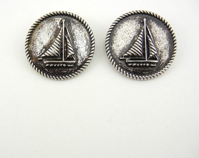 Pair of Double Link Antique Silver Round Sailboat Charms