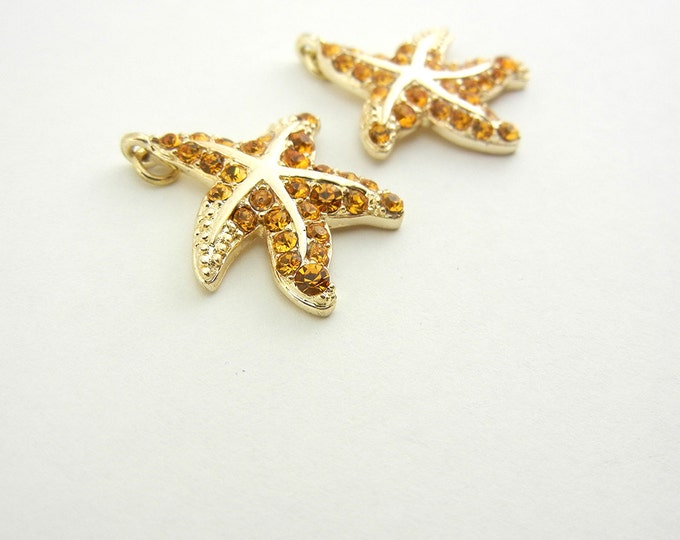 Pair of Small Gold-tone Starfish Charms Topaz Rhinestones