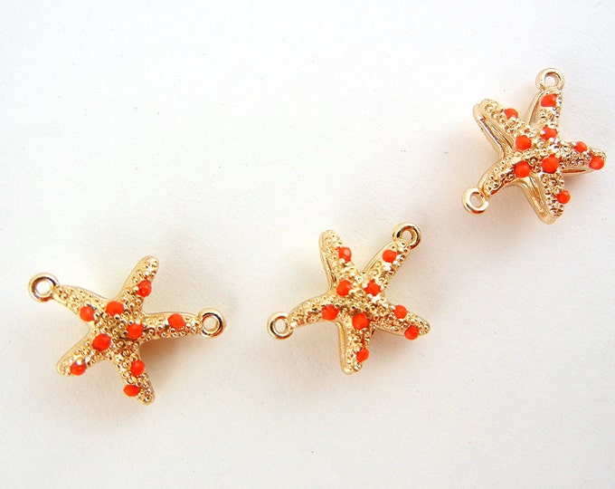 Set of 3 Small Double Link Starfish Charms Gold-tone Coral Acrylic Cabochons