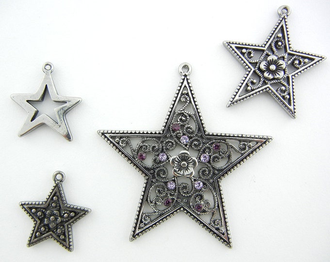 Set of 4 Antique Silver-tone Star Charms