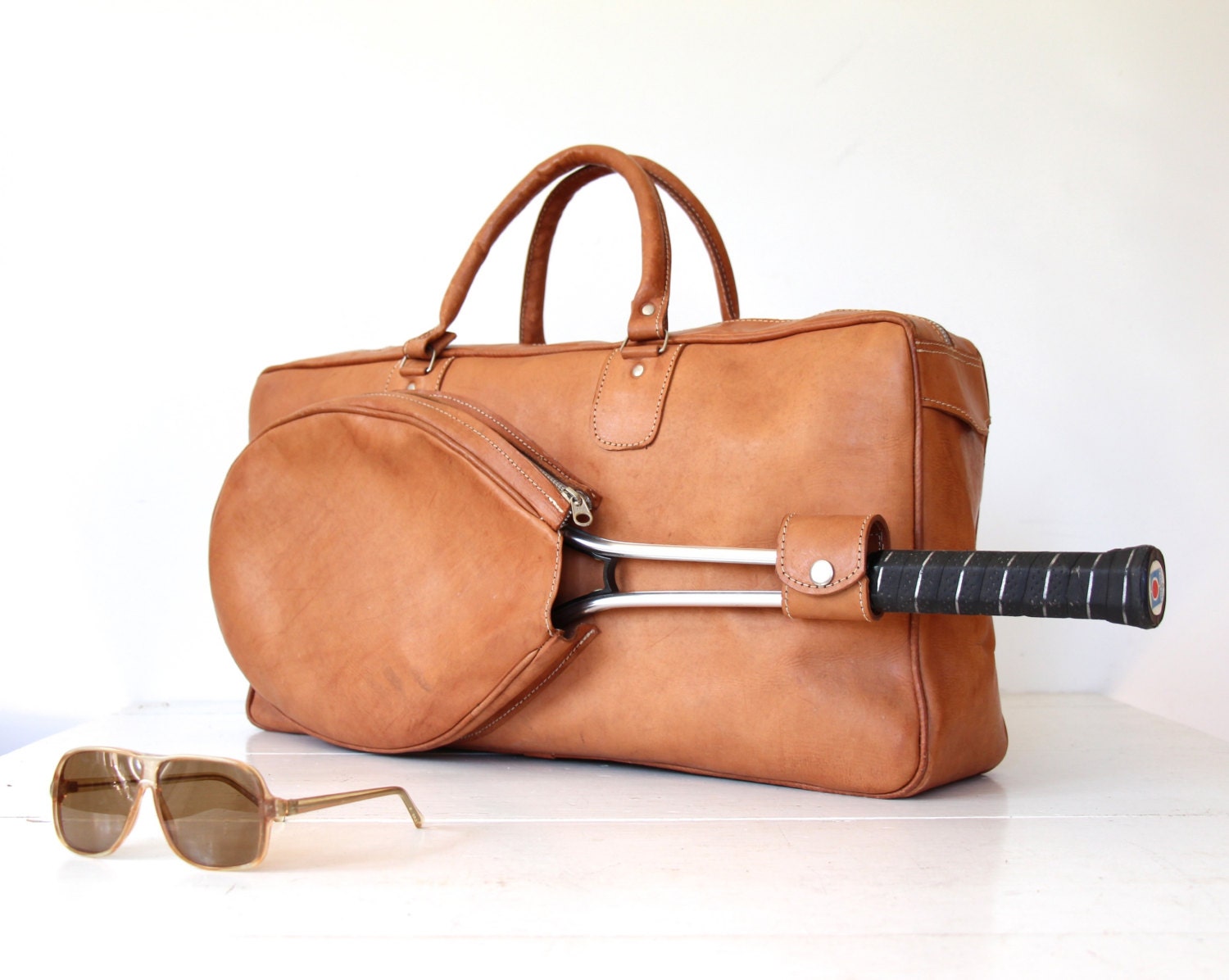 vintage leather duffle bag. Tennis bag. Natural cowhide