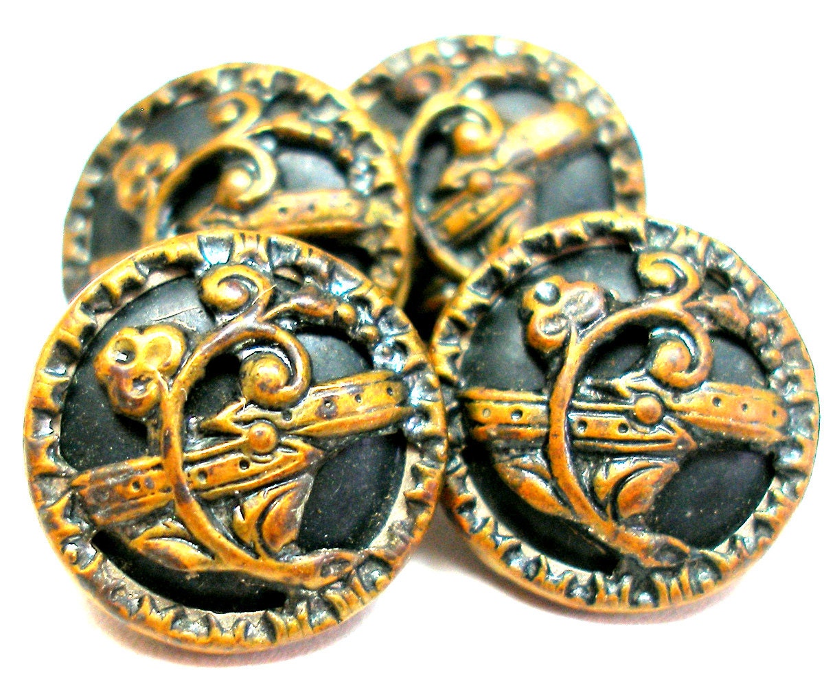 1800s Antique BUTTONS 4 Victorian flowers with by OldeTymeNotions