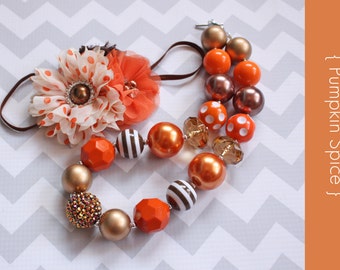 Fall Baby girl Headband or Chunky Necklace set { Pumpkin Spice } orange, brown gold thanksgiving, hay ride, autumn holiday, photography prop