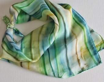 SALE Hand Painted Silk Square Scarf - Hand Dyed Bandana Slate Blue Lime Green Chartreuse Tan Beige Cream Yellow Beach Sea Water Ocean