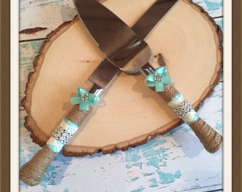 AQUA blue / Wedding cake knife set / burlap knife set / cake cutting set / rustic wedding / vintage lace wedding