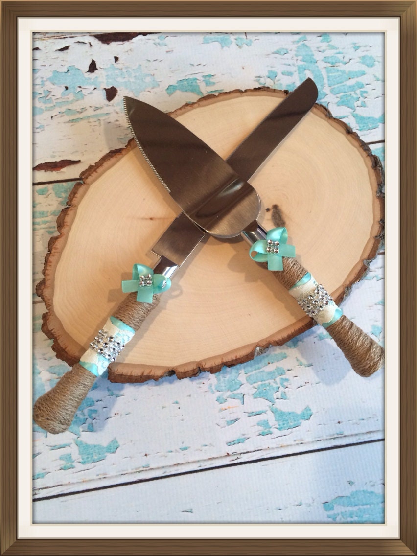 AQUA blue / Wedding cake knife set / burlap knife set / cake