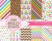 50% OFF SALE Easter Digital Papers Bunnies Owls Colorful Polka Dots & Stripes Holiday Digital Printable Paper Pack INSTANT Download Il_170x135