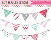 50% OFF SALE Valentines Day Bunting Clipart Set Pink Red Aqua Blue Banner Flags Bunting Holiday Clip Art INSTANT Download Il_170x135
