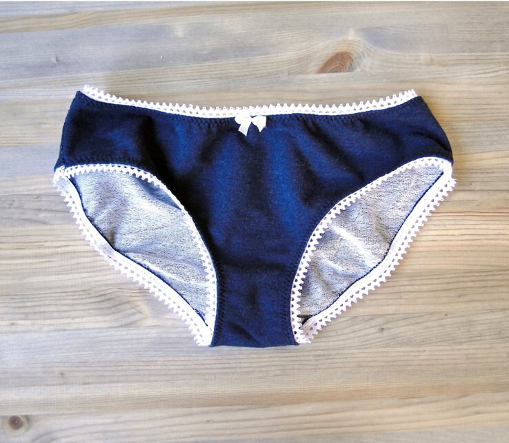 Organic cotton bikini denim navy blue white lace panties
