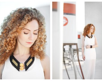 Leather bib necklace with wood beads Leather jewelry "Geometry of Metamorphose" collection