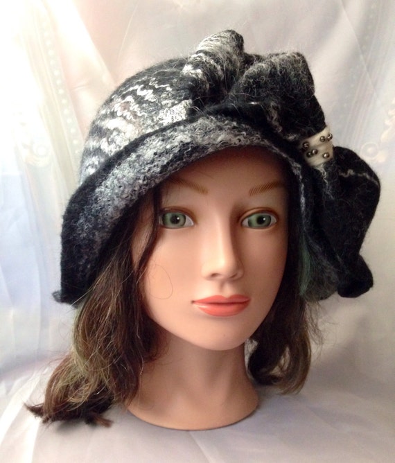 Warm wool black grey gray white winter cloche hat,nunofelt hat flapper designer hat wool felted hat