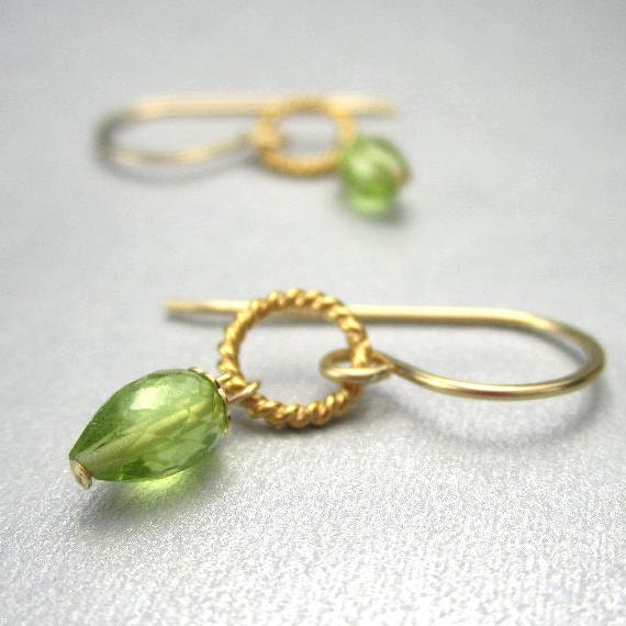 Tiny Peridot Earrings 14K Gold Filled Lime Green Gemstone August Birthstone Dangle Earrings
