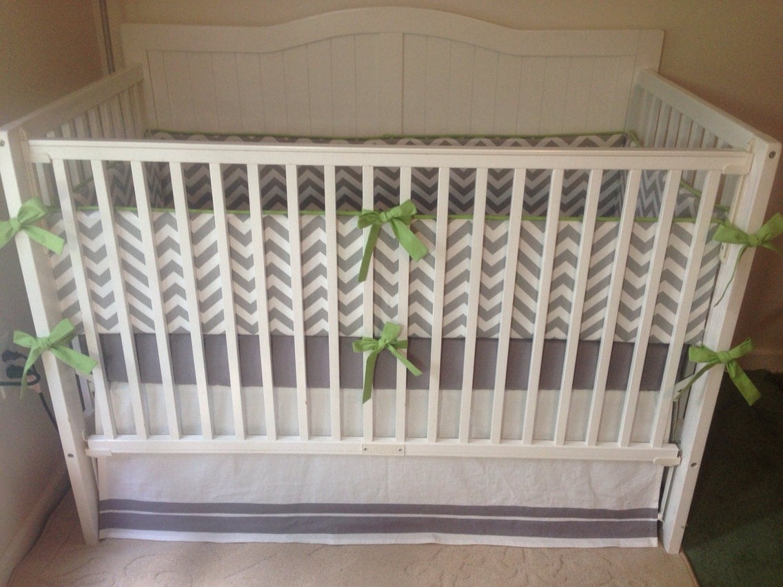 Crib Bedding Set Gray White and Jade Green by butterbeansboutique