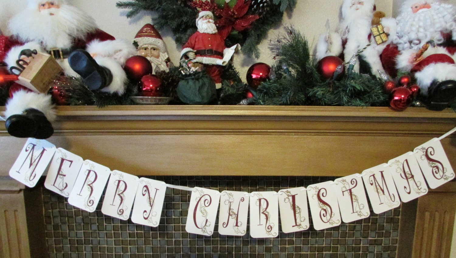 Merry Christmas Banner for mantel or photo shoots handmade Gold Embossed