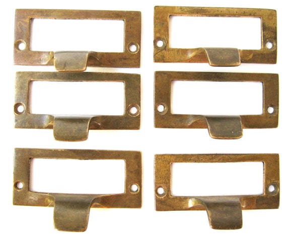 Six Antique Brass Library Card Catalog Drawer Label Pulls