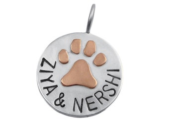 Mixed Metal Paw Print Charm Hand Stamped Pet Name Jewelry Custom 14K Gold Paw Print on Sterling Silver Pendant Personalized Engraved Fine