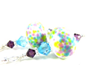 Pastel Glass Earrings, Simple Earrings, Dangle Earrings, Lampwork Earrings, Purple Blue Pink Lime Green White Earrings - Pastels