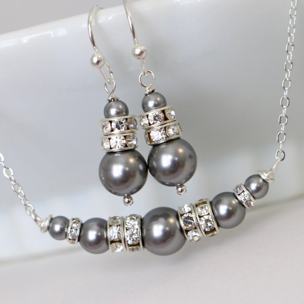 Grey Pearl Necklace Swarovski Grey Bridesmaid Jewelry Set