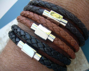 Mens Triple Wrap Braided Leather Bracelet Stainless Steel