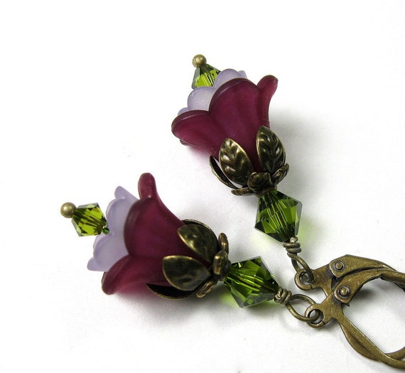 Flower Earrings, Amethyst, Olive Green, Purple, Gifts for Gardeners, Floral Jewelry, Gifts for Her, Two Tone Earrings, Swarovski, Garden