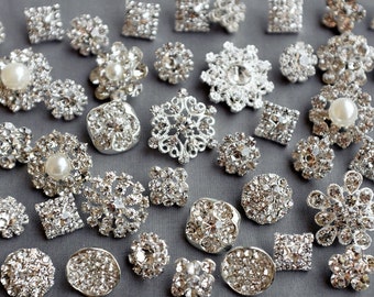 SALE 10 Assorted Rhinestone Button Brooch Embellishment Pearl Crystal Wedding Brooch Bouquet Cake Hair Comb Shoe Clip BT574