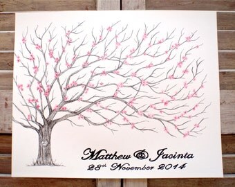 Cherry Blossom Tree, Medium Fingerprint Wedding Guest book, Hand Drawn in ink, includes 2 ink pads and pen