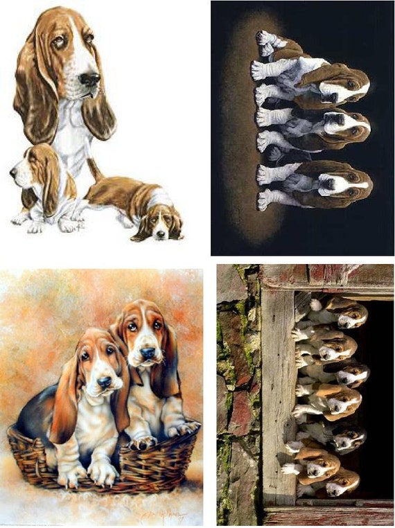 Lot Of 4 Basset Hound Dogs Fabric Panel Square Quilt Blocks
