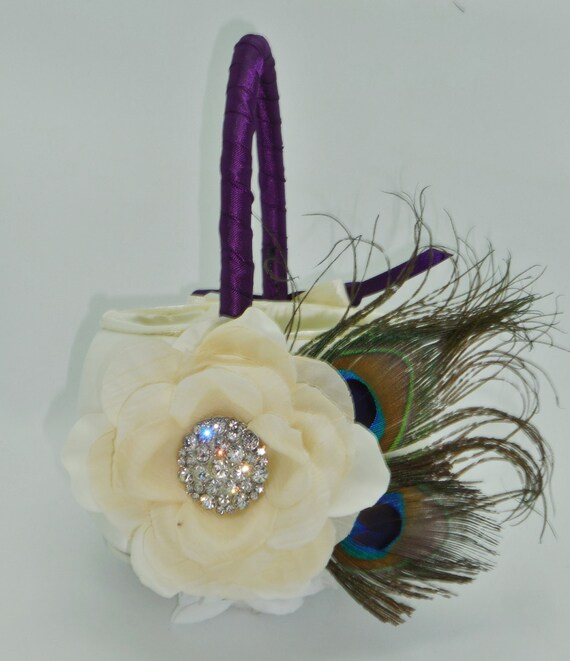 Peacock Flower Girl Basket Ivory Rose