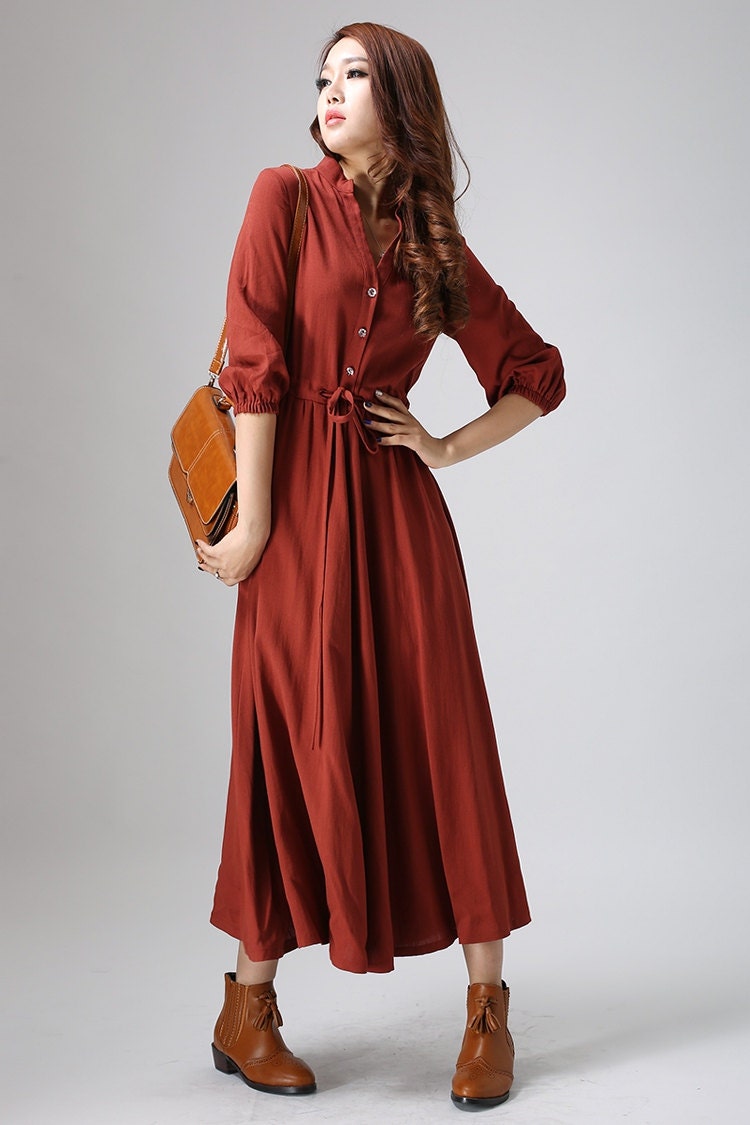 Rust red dress linen dress Casual dressmaxi dress by xiaolizi