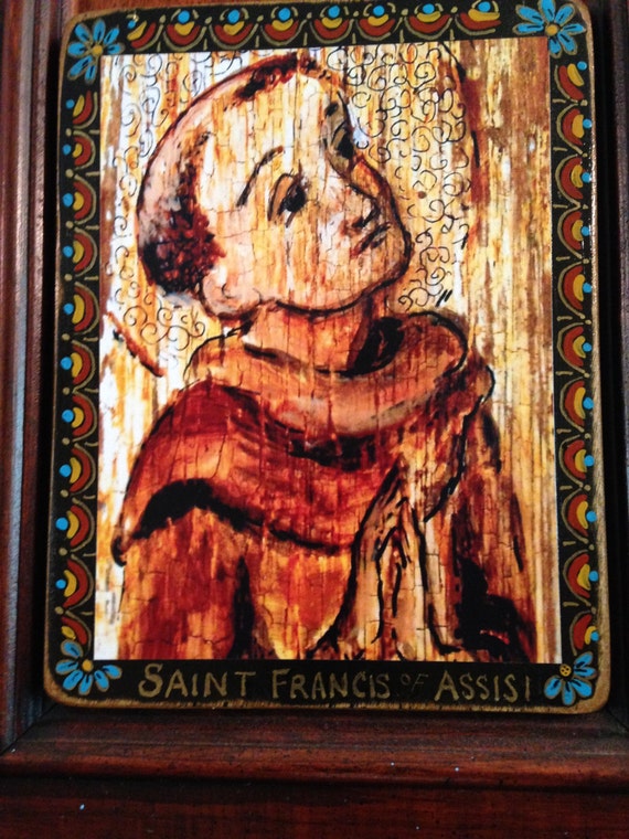 Religious gift for him Saint St Francis of Assisi retablo animal lover