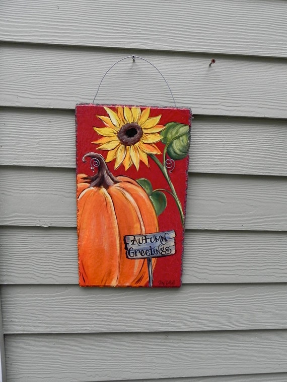 Pumpkin and Sunflower Autumn Welcome Hand Painted Slate