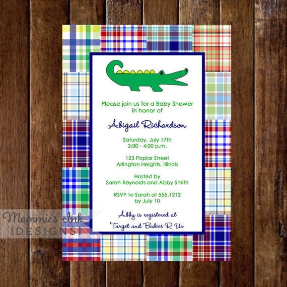 Preppy Madras Alligator Baby Shower Invitation - PRINTABLE INVITATION DESIGN Il_570xn