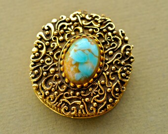 Vintage Perfume Compact 1950's Max Factor Solid Perfume Compact Turquoise Stone