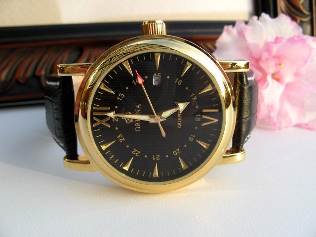 Luxury Black and Gold Wrist Watch - Black Leather Wristband - Quartz - Steampunk - Watch - Item QWA023