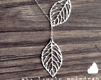 Leaf Lariat - silver grey white dainty leaf pendants - sterling silver chain - Wedding Jewelry - Bridal Jewelry - Simple Everyday - Gift For