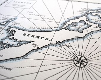 Bermuda, Letterpress Printed Map (Black and White)