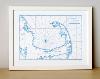 Cape Cod Bay and Seashore, Letterpress Map Art Print (Nautical Blue)