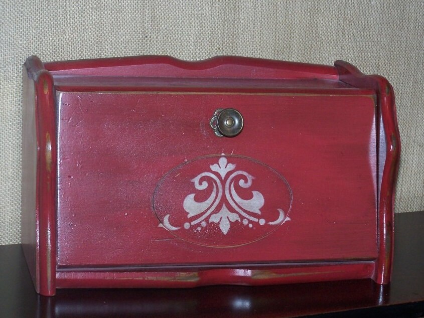 Hand Painted Vintage Red Bread Box Wood Red Breadbox