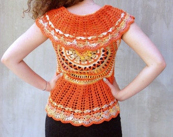 Orange mandala sun crochet bolero vest lace cotton boho waistcoat bohemian clothing festival