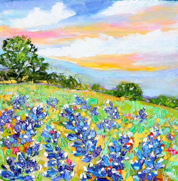 Original Oil Painting Texas Bluebonnet Sunrise Landscape