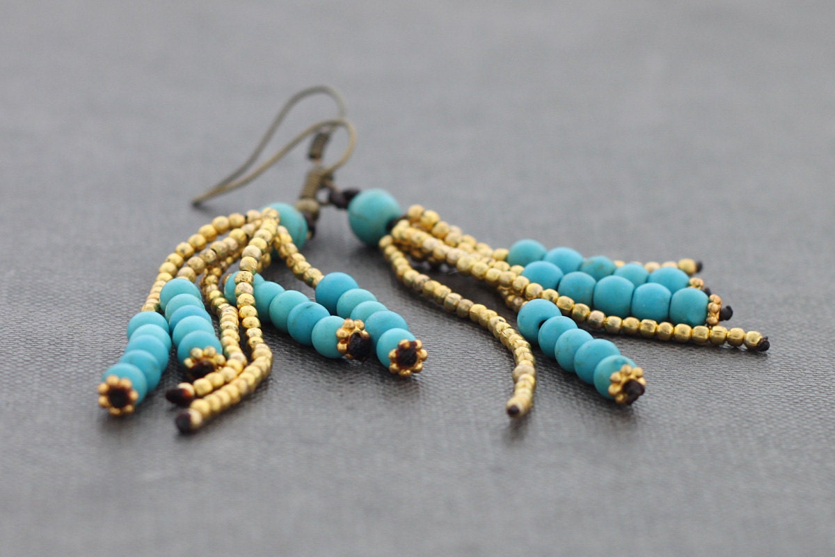 Turquoise Brass Tassels Earrings