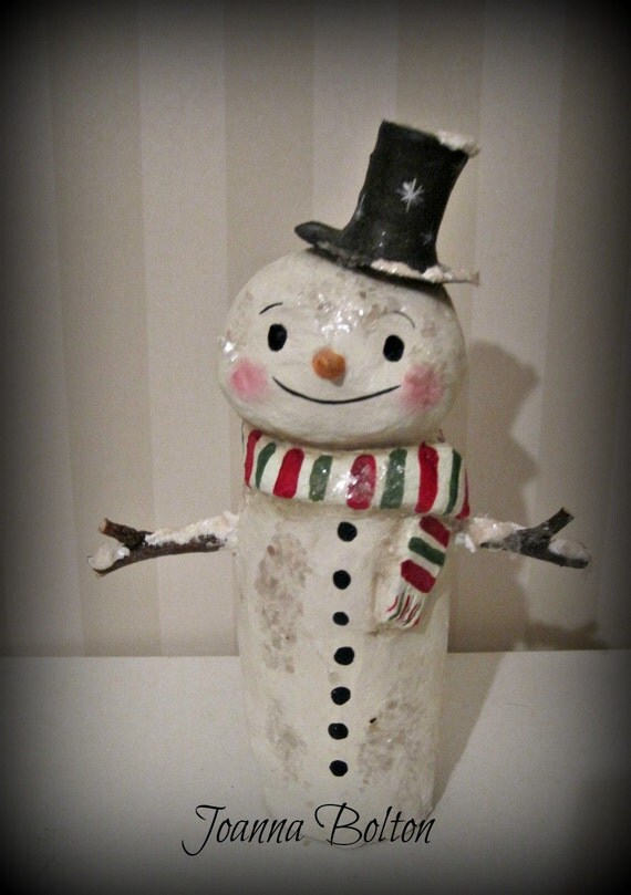 Christmas Snowman paper mache folk art OOAK art doll