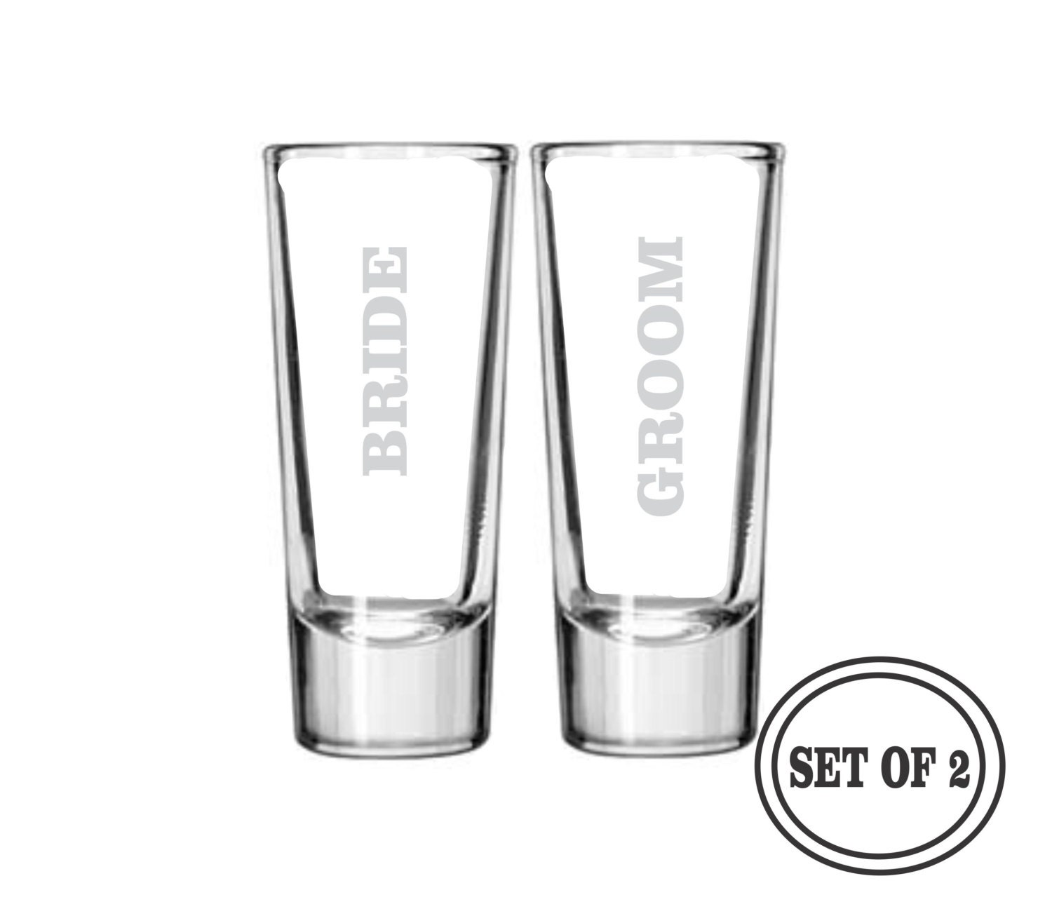 2 Engraved Bride and Groom SHOT GLASSES Wedding Gift PAIR
