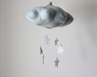 Silver Star Blue Cloud Mobile- modern fabric sculpture for nursery decor in linen and metallic faux leather- Free US Shipping