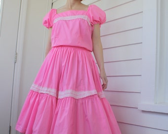 Vintage Pink Patio Dress Square Dance Dancing Country Western Full Skirt S M