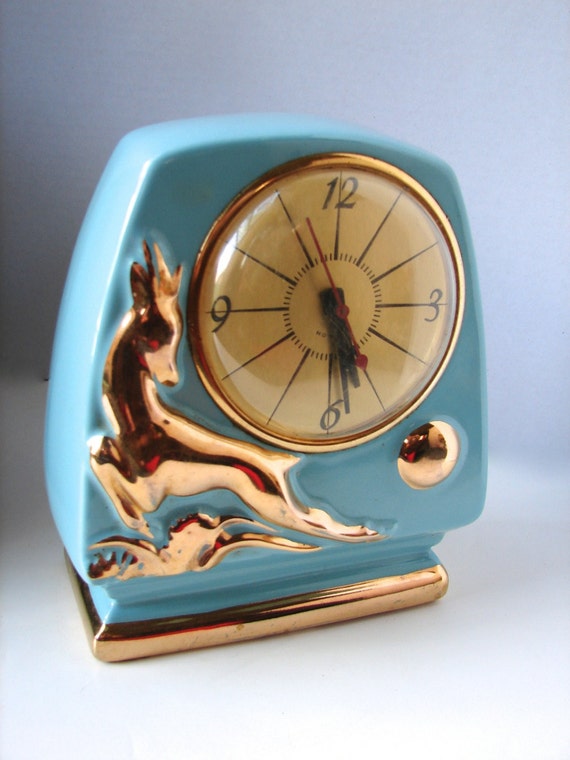 Vintage Clock Deco Tuquiose Ceramic clock with Gazellle LC