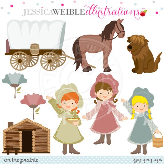 On the Prairie Cute Digital Clipart - Commercial Use OK - Covered Wagon, Log Cabin, Pillow Dress Girls Clipart Design - Instant Download Il_570xn